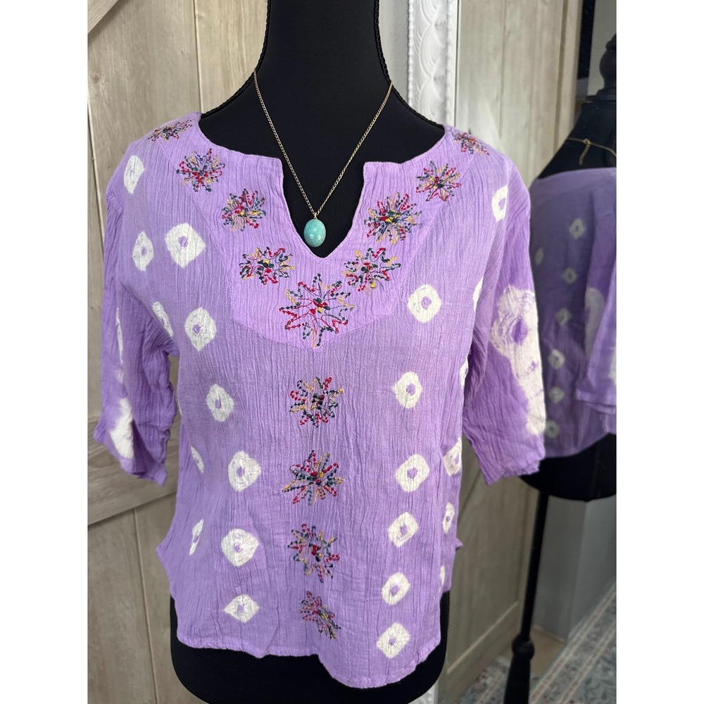 Venus Love Purple Cotton Gauze Embroidered Bandhani Tie Dye Boho Blouse Top